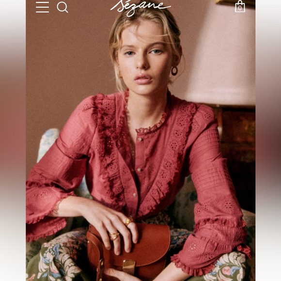 Sezane NELE SHIRT in Rosewood Women's Ruffled Lace Blouse - Picture 4 of 14